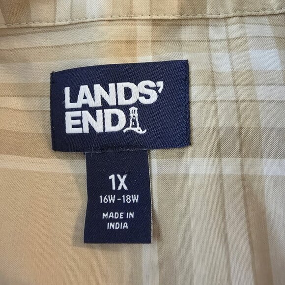 Lands End Womens 1X Plaid Button Up Top Shirt Blouse 1X Office Career Beige Tan - Picture 5 of 6